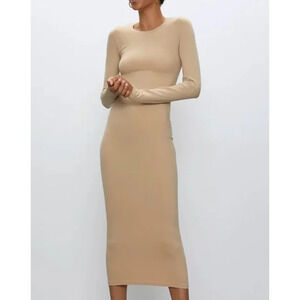 Aritzia Babaton Seamless Didot Dress Midi Bodycon Beige Long Sleeve Size M/L